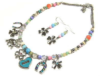 Crystal licky charm and multi beads necklace and earring set