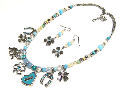 Crystal licky charm and multi beads necklace and earring set