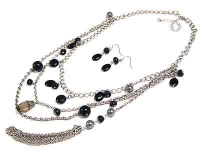 3 line multi stone and tassel long necklace and earring set