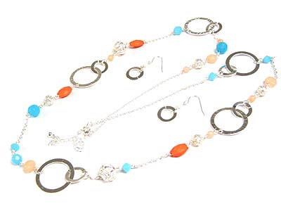 Multi beads and chain link long necklace and earring set