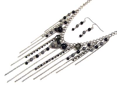 Multi chain and crystal line drop beads necklace and earring set