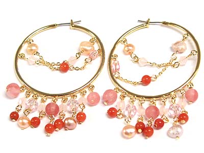 Multi coral ball and pearl drop earring