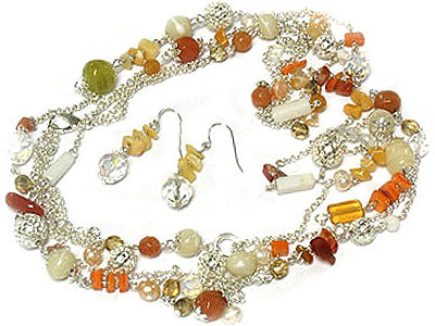 Semi precious stone and fresh water pearl bead three line necklace set