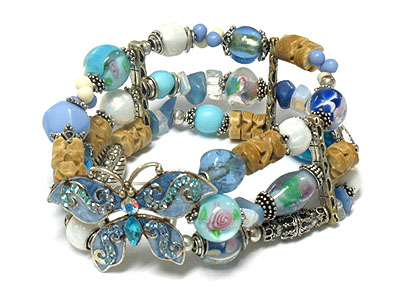 Crystal butterfly with multi bead three line stretch bracelet