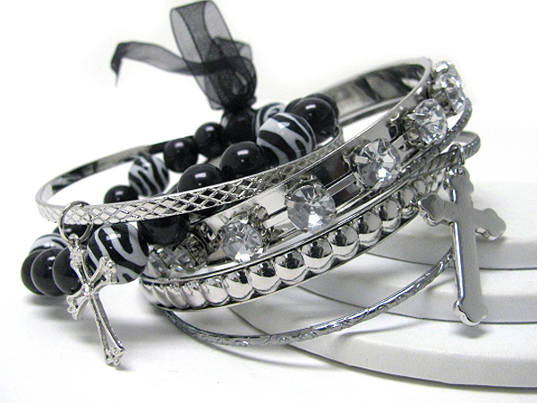 Crystal deco multi metal bangle mix and cross charm bracelet