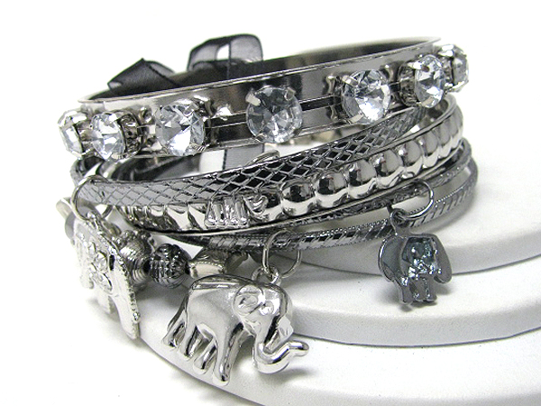 Crystal deco multi metal bangle mix and elephant charm bracelet