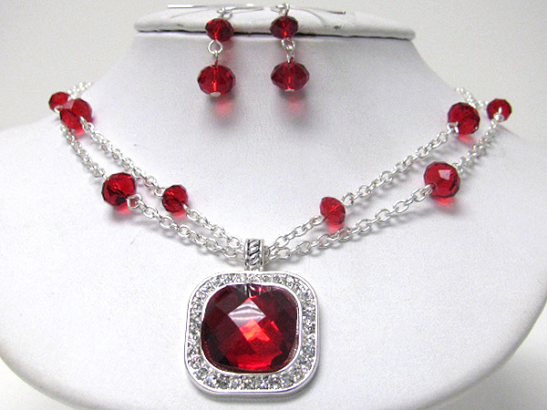 Large glass and crystal deco pendant station necklace earring set