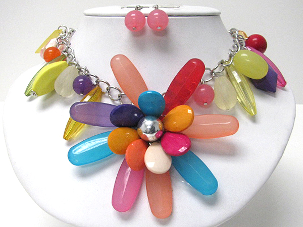 Large acrylic flower and charm drop summer necklace earring set