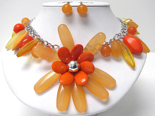 Large acrylic flower and charm drop summer necklace earring set