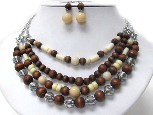 Natural material and wood beads link multi layered necklace earring set