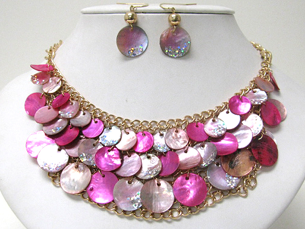 Natural shell disk link bib necklace earring set