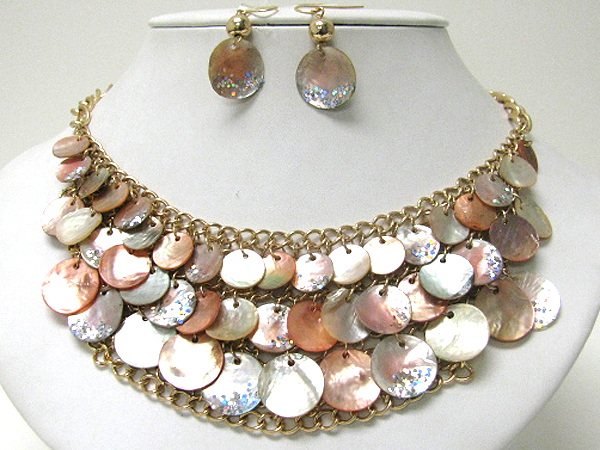 Natural shell disk link bib necklace earring set