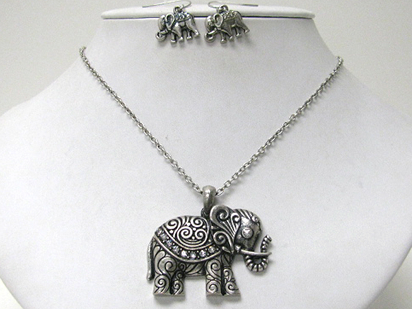 Metal filigree elephant pendant necklace earring set