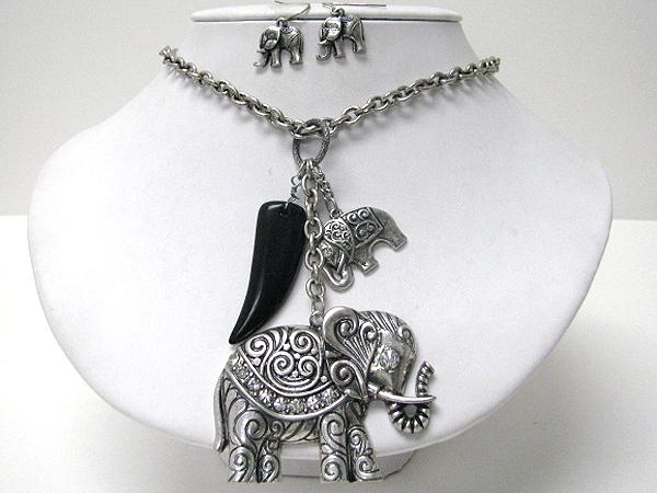 Metal filigree elephant and artificial ivory pendant necklace earring set