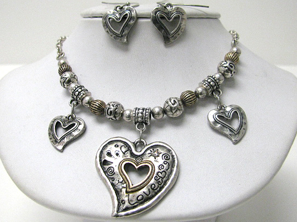 Metal heart and ball link necklace earring set