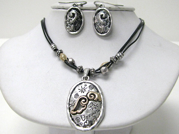 Metal filigree angel wing oval pendant and double cord necklace earring set