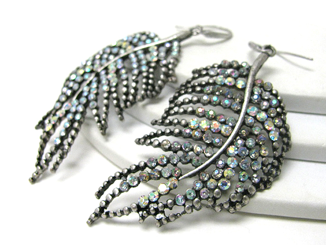 Ccrystal stud metal feather earring