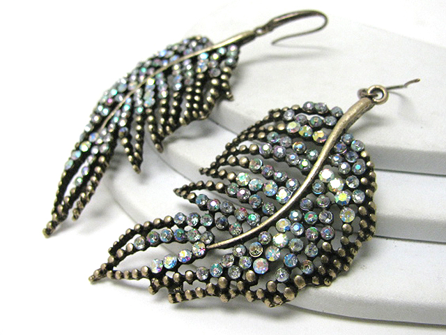 Ccrystal stud metal feather earring