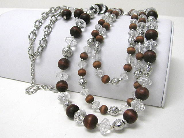 Wood glass metal ball mix multi row long chain necklace earring set