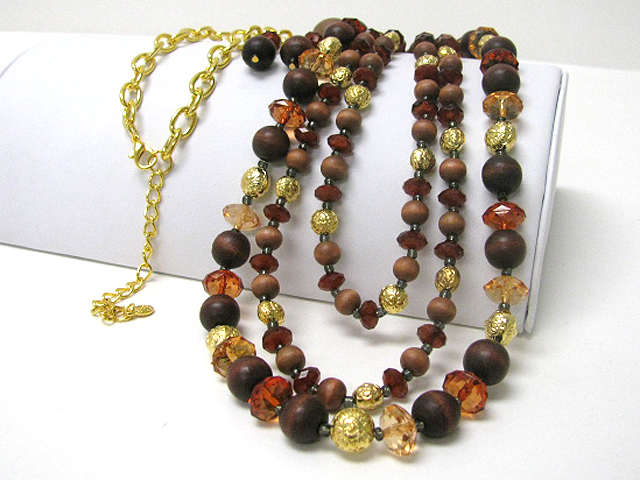 Wood glass metal ball mix multi row long chain necklace earring set