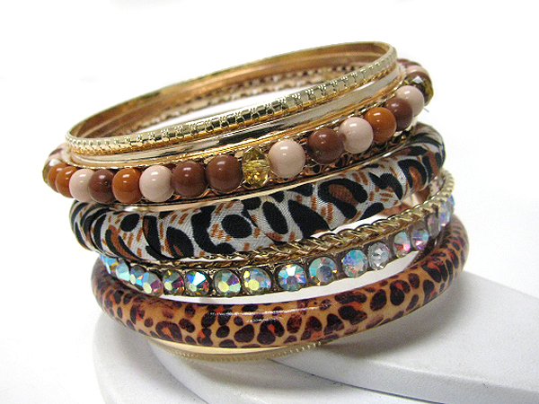 Crystal and multi material stackable animail print bangle set of 7