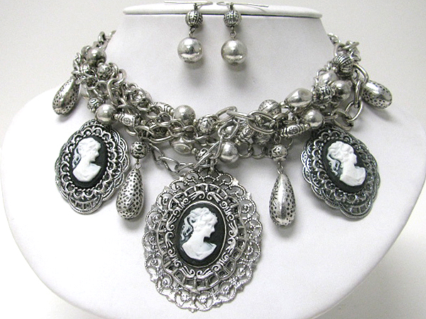 Retro vintage triple cameo drop pendant and mixed chain twist necklace earring set