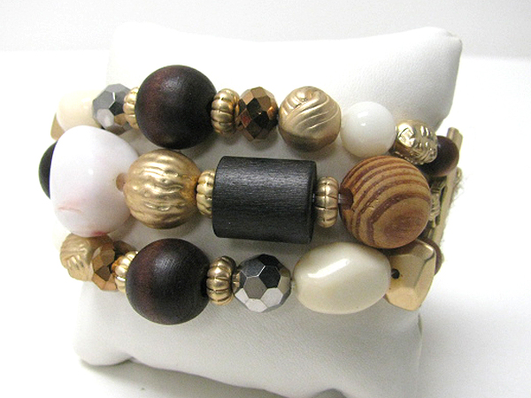 Natural wood and metal bead link triple layer bracelet