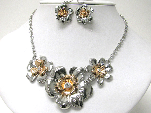 Triple metal flower link statement necklace earring set