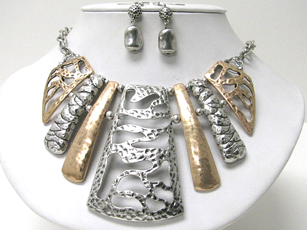 Architectural burnish metal bar drop tribal style statement necklace earring set