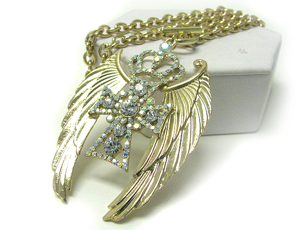 Crystal stud crown on cross and angel wing toggle necklace