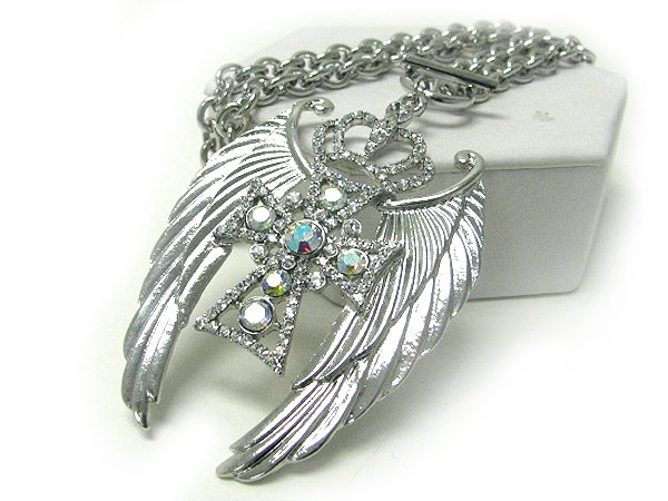 Crystal stud crown on cross and angel wing toggle necklace