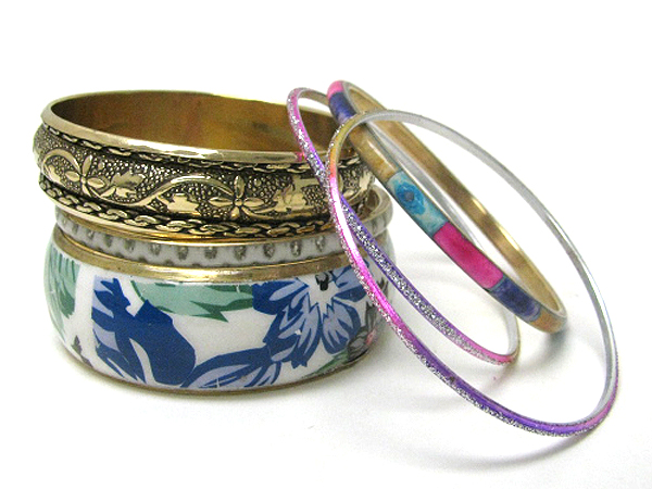 Artistic paint and metal filigree multi stackable bangle set of 7