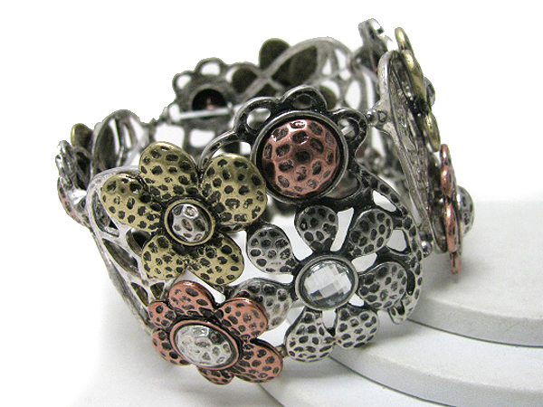 Crystal deco multi hammered flower link stretch bracelet