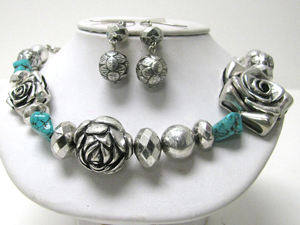 Multi metal rose and turquoise link necklace earring set