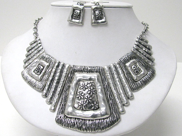 Architectural large hammered metal bar link tribal style bib necklace earring set