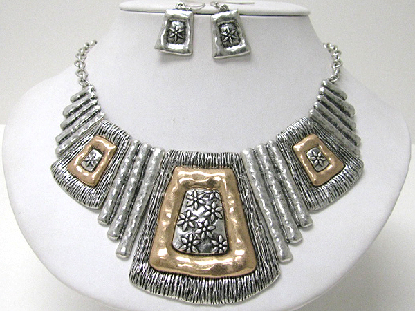 Architectural large hammered metal bar link tribal style bib necklace earring set