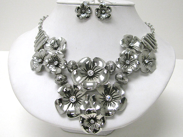 Crystal center multi flower link bib necklace earring set