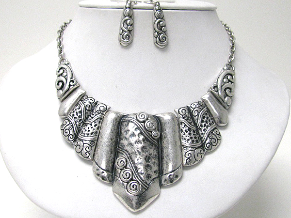 Architectural multi hammered metal bar link tribal style bib necklace earring set