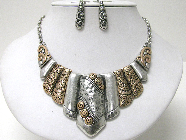 Architectural multi hammered metal bar link tribal style bib necklace earring set