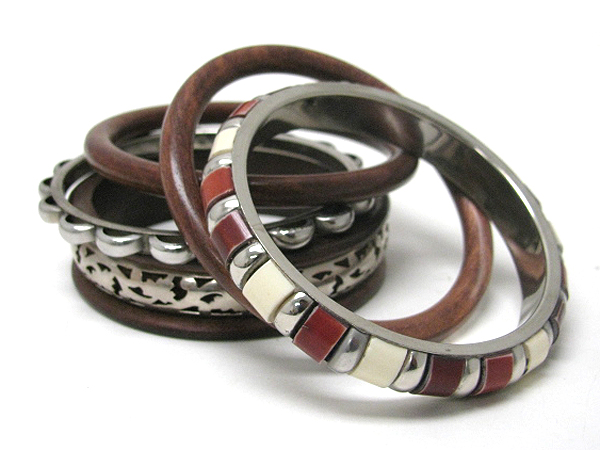 Multi natural wood and metal filigree stackable bangle set of 7