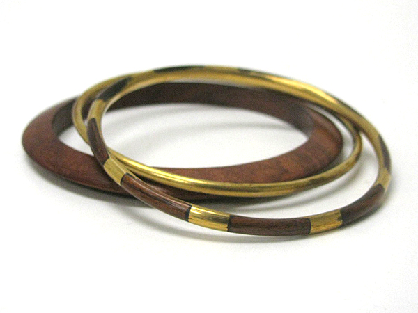 Stackable multi natural wood and metal bangle set of 3