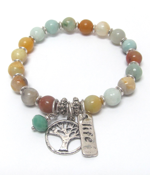 Tree of life charm and ball stone stretch bracelet