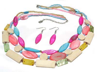 Wood and shell material link seed bead necklace and earring set 