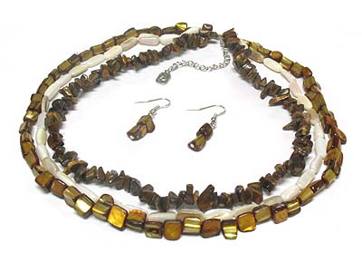 Stone and shell triple lines necklace and earring set