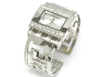 Dual crystal line cut out metal bangle watch