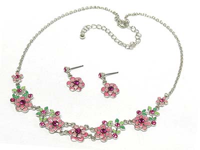 Crystal deco enamel flowers necklace and earring set