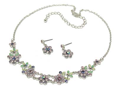 Crystal deco enamel flowers necklace and earring set 