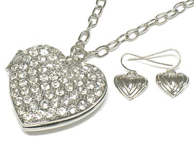 Crystal heart locket pendant long necklace and earring set