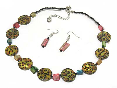 Multi animal printed shell disk necklace and earring set