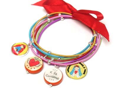 Colorful multi strand round illustrated charms bracelet tied with ribbon